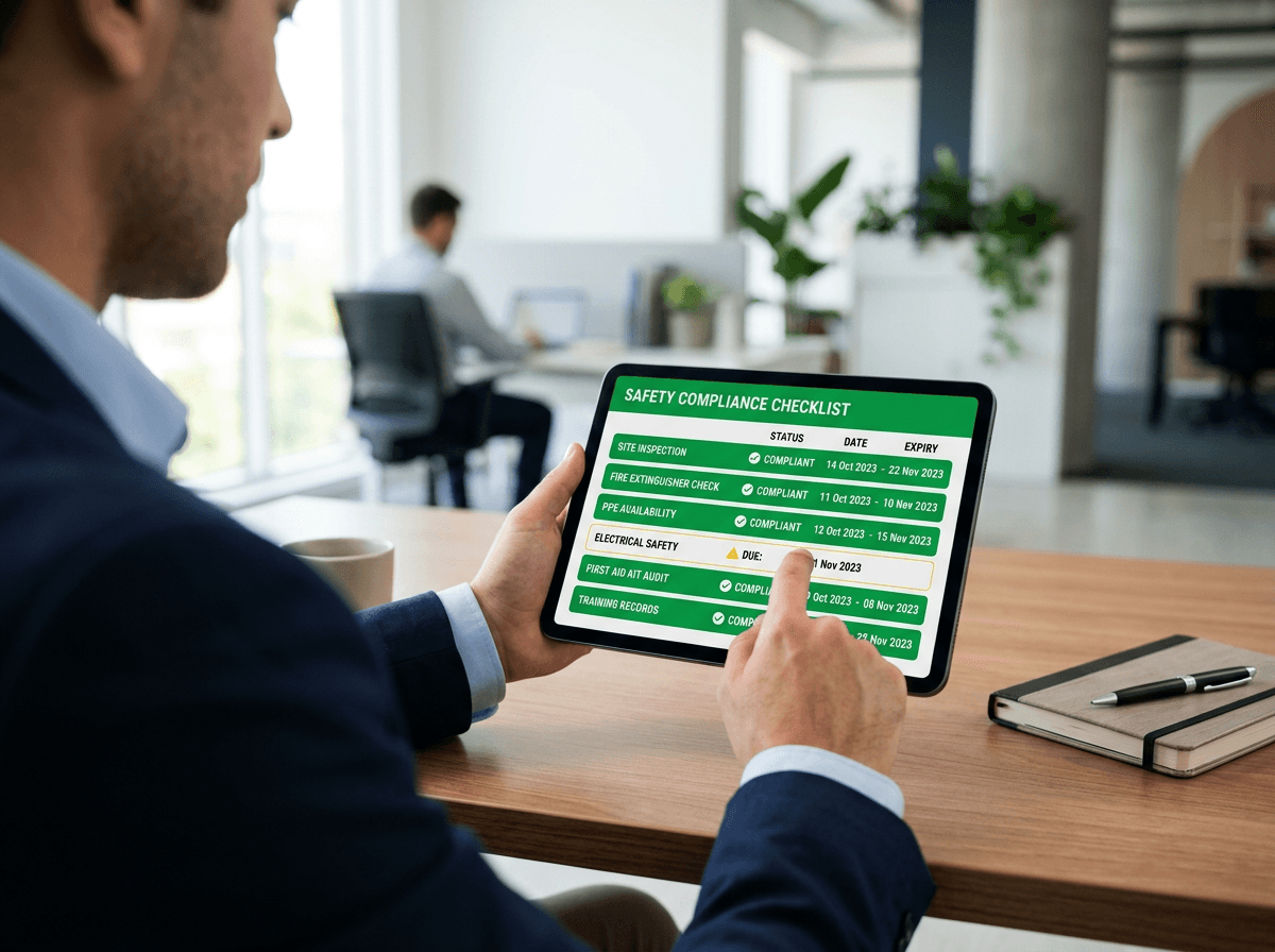 Compliance dashboard on a tablet showing expiry dates and status indicators